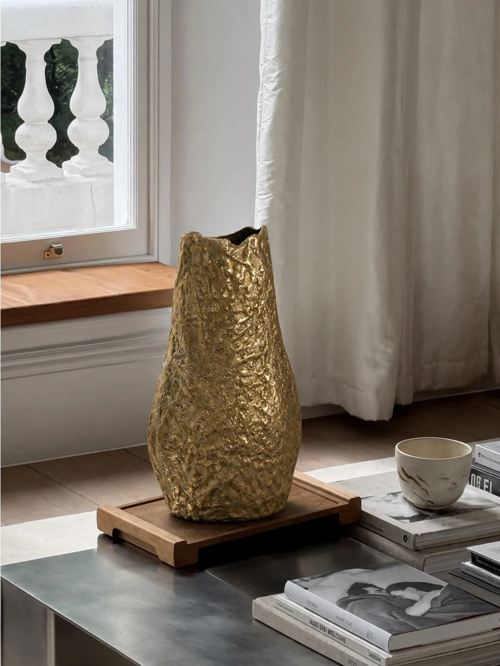 Organic Sculptural Gold Metal Vase Brutalist Style Heavy Statement Decor
